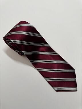 DKNY 100% Silk Tie Red And Silver Stripes